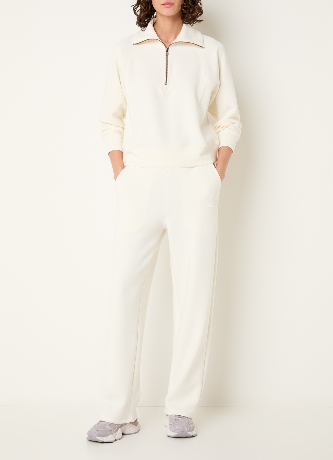 Björn Borg Sweater met logo en halve rits - voorkant 2 creme