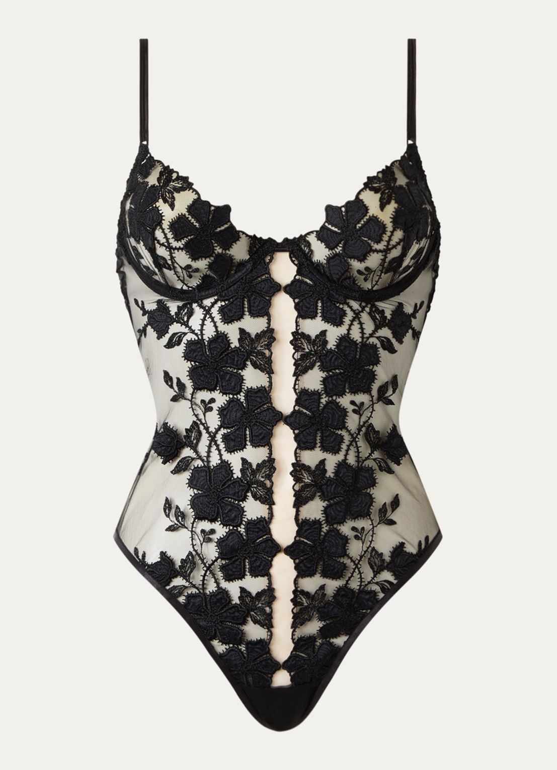 Bluebella Alara string body van mesh met bloemborduring - voorkant 3 zwart