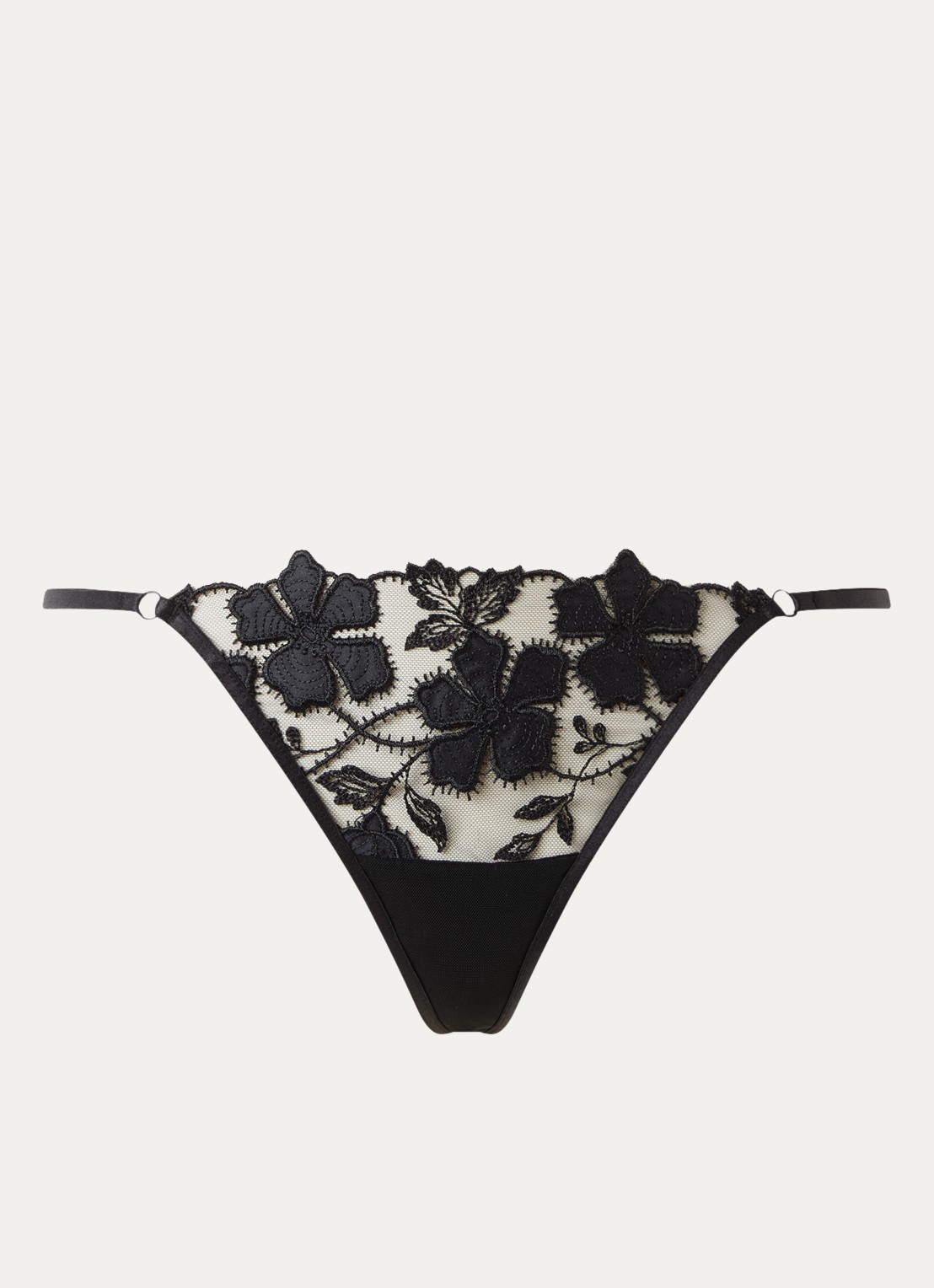 Bluebella Alara string van mesh met bloemborduring - voorkant zwart