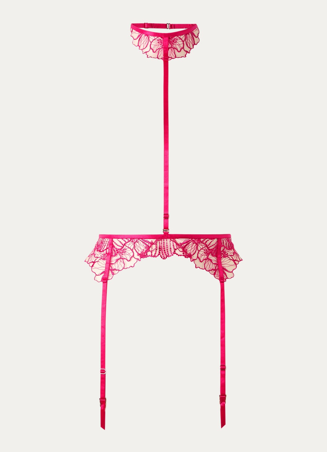 Bluebella Amarosa jarretels van mesh met borduring - voorkant fuchsia