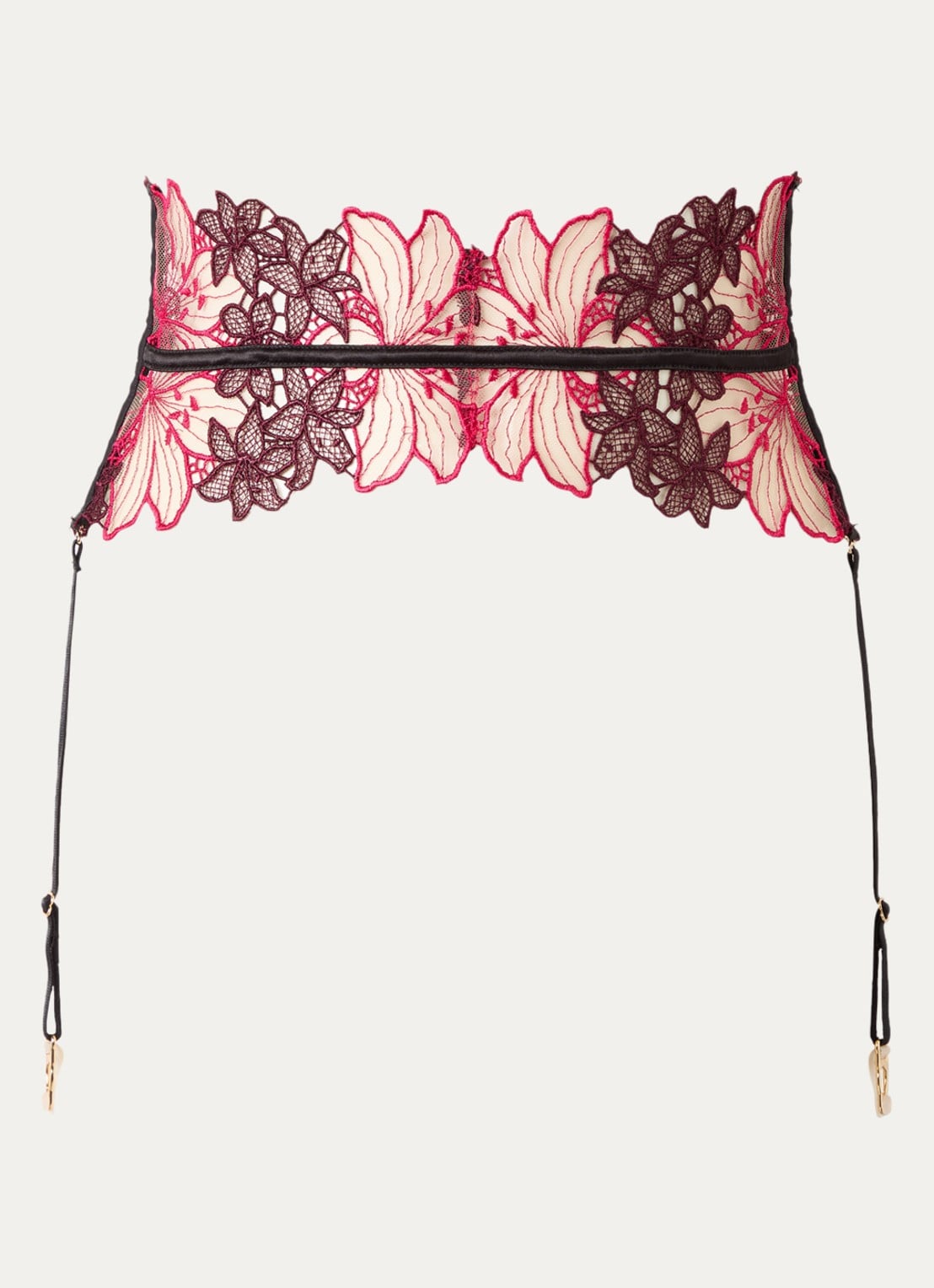 Bluebella Calantha jarretels van mesh met bloemborduring - voorkant fuchsia