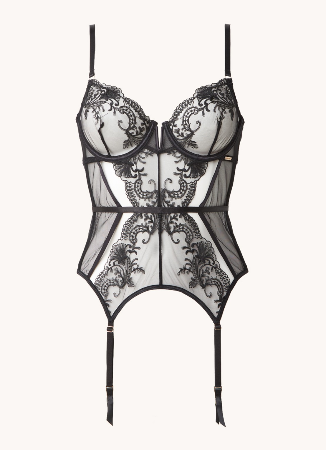 Bluebella Marseille bustier van mesh met beugel en jarretels - voorkant 2 zwart