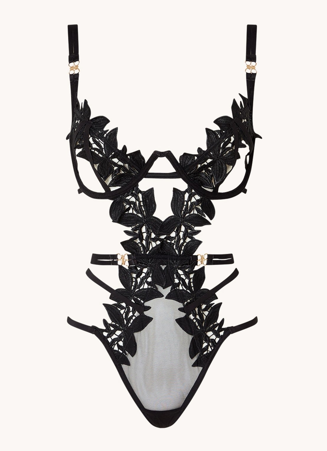 Bluebella Ophelia stringbody met bloemborduring - voorkant zwart