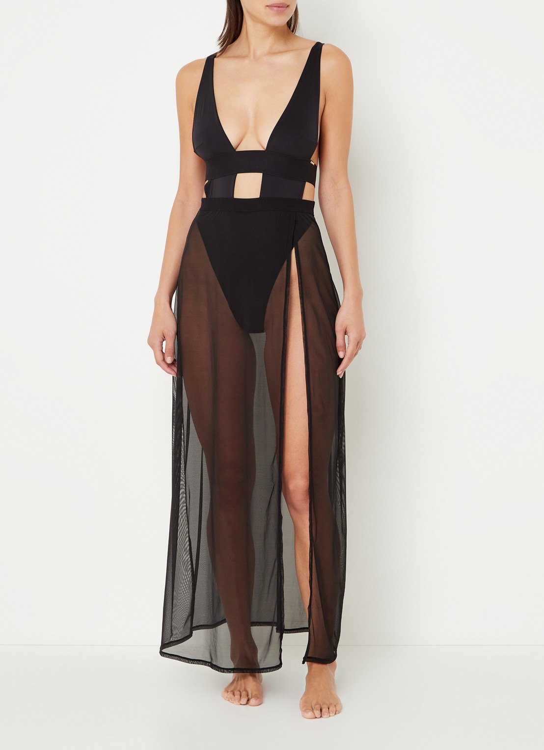 Bluebella Topaz slipdress met mesh en split - detail zwart