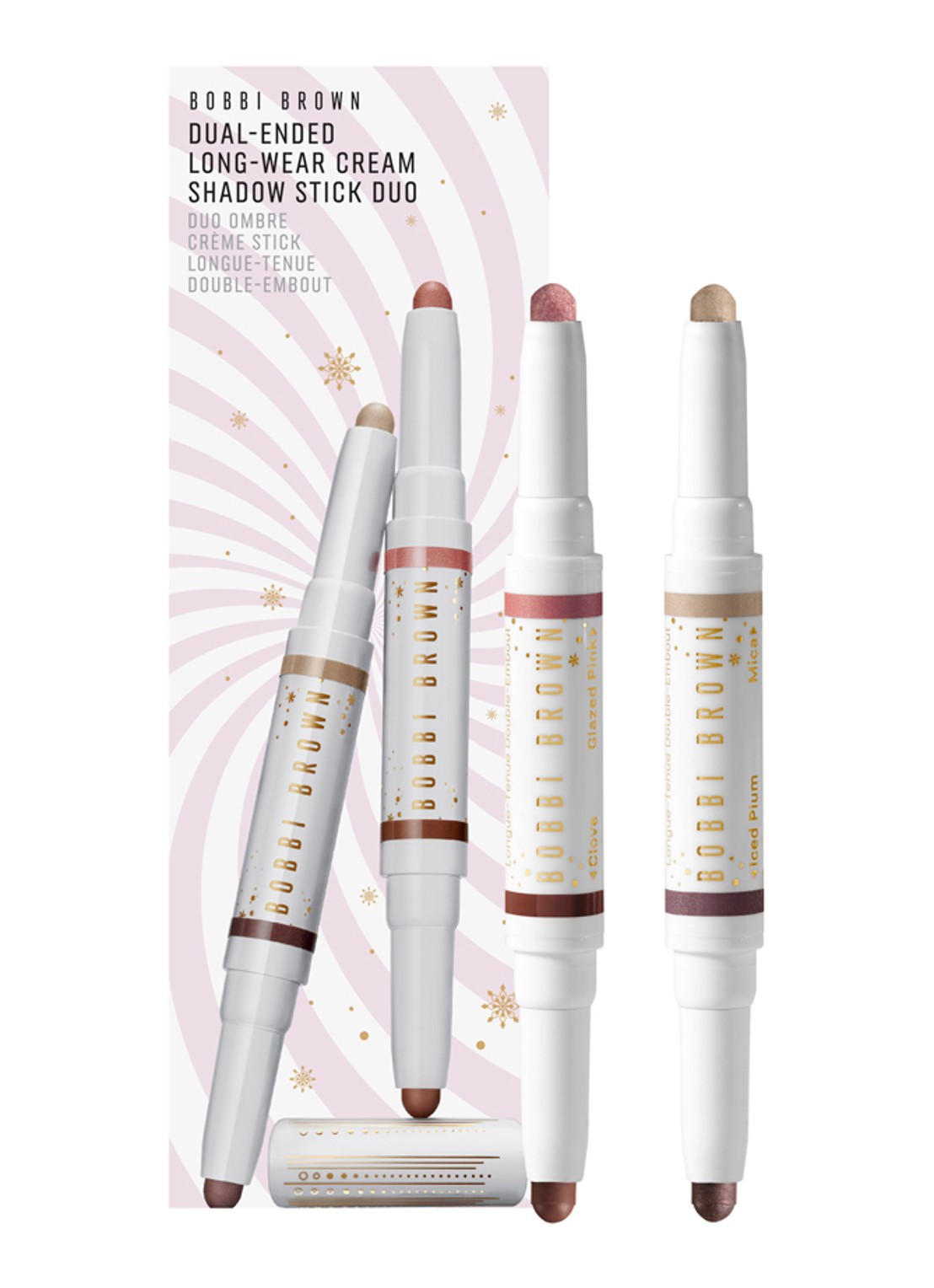 Bobbi Brown Dual-Ended Long-Wear Cream Shadow Stick Duo - oogschaduwstick set - voorkant mica / iced plum / glazed pink / clove