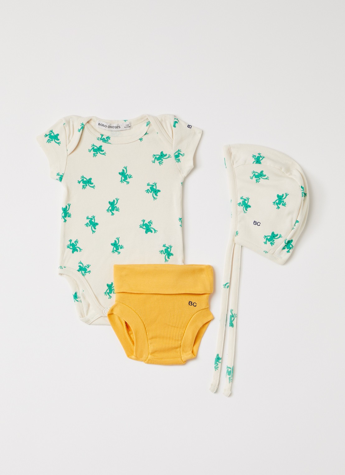 BOBO CHOSES Hopping Frog set van romper met muts en broek in giftbox 3-delig - voorkant donkergroen