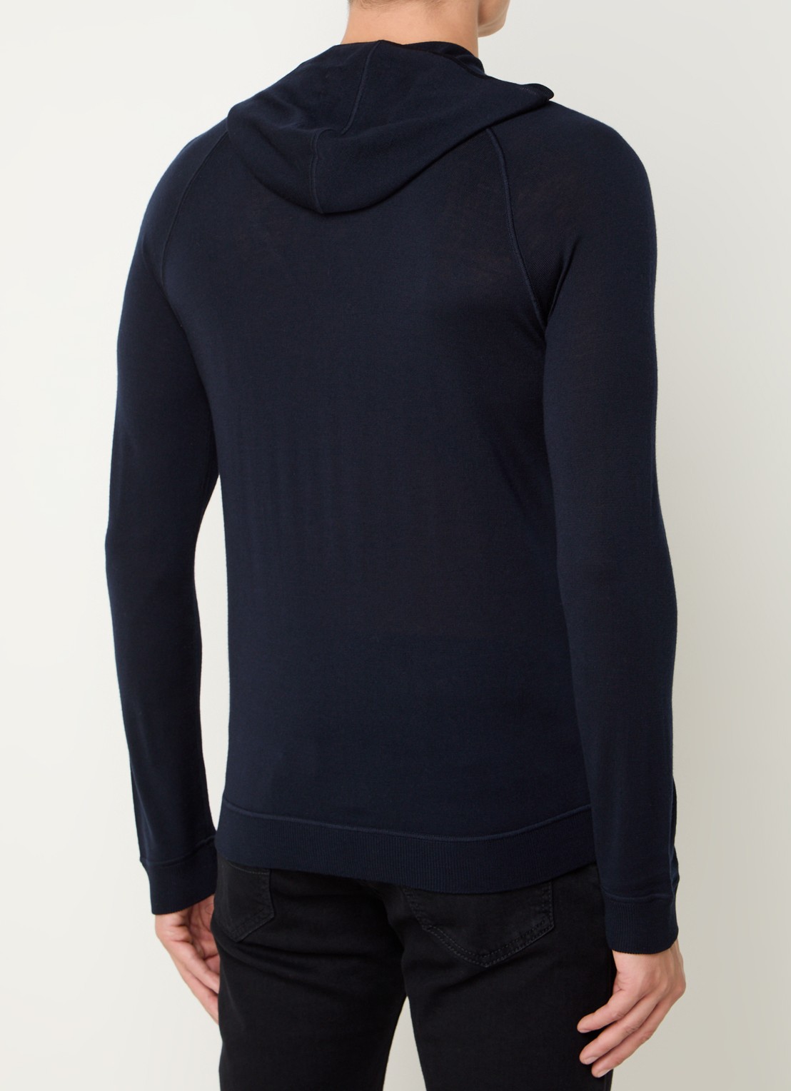 Boggi Milano Fijngebreid vest van wol met capuchon - achterkant 2 donkerblauw