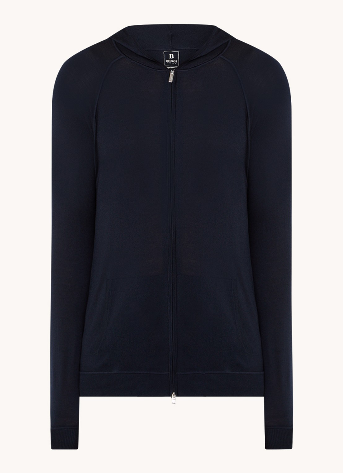 Boggi Milano Fijngebreid vest van wol met capuchon - voorkant 3 donkerblauw