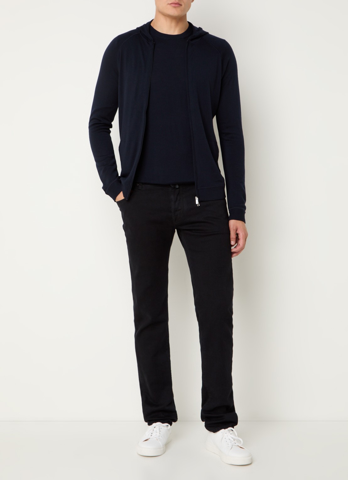 Boggi Milano Fijngebreid vest van wol met capuchon - voorkant 4 donkerblauw