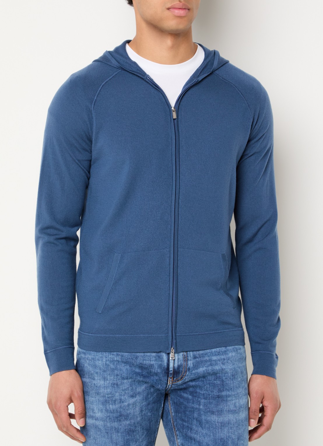 Boggi Milano Fijngebreid vest van wol met capuchon - detail 4 petrol