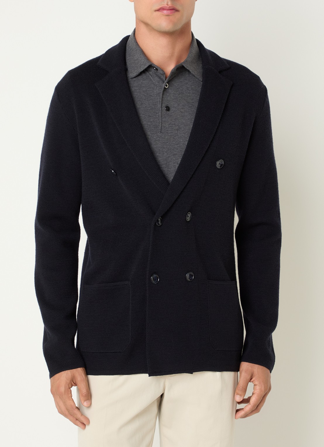 Boggi Milano Fijngebreid vest van wol met V-hals - detail donkerblauw