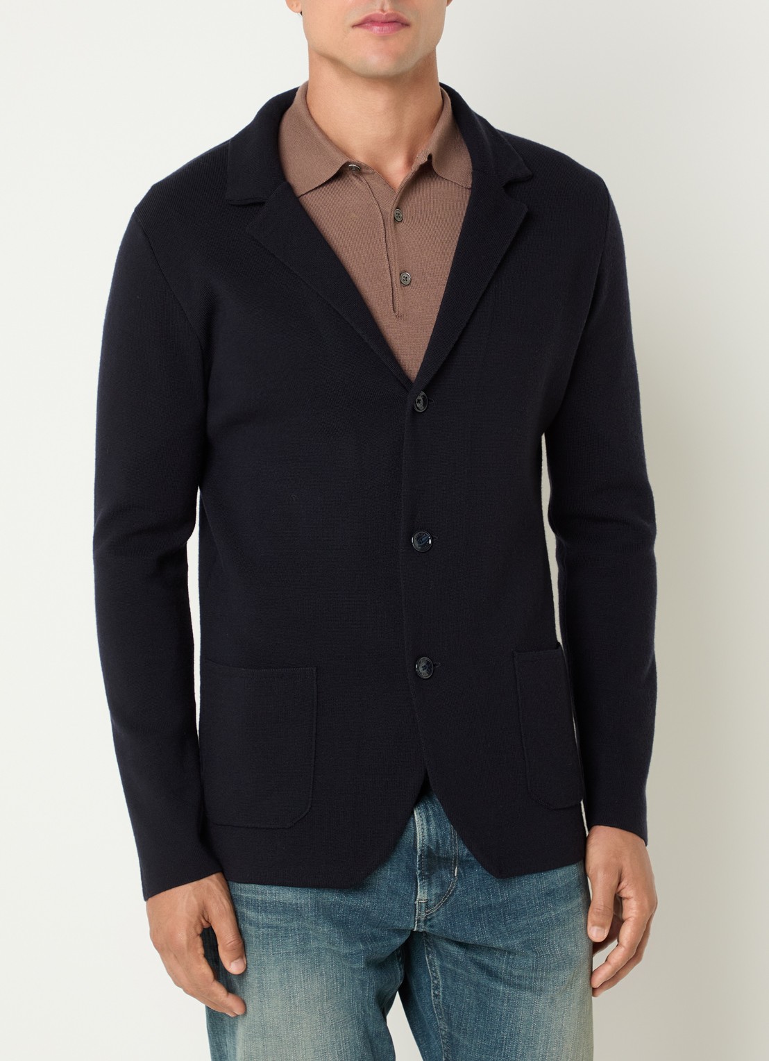 Boggi Milano Fijngebreid vest van wol met V-hals - detail donkerblauw