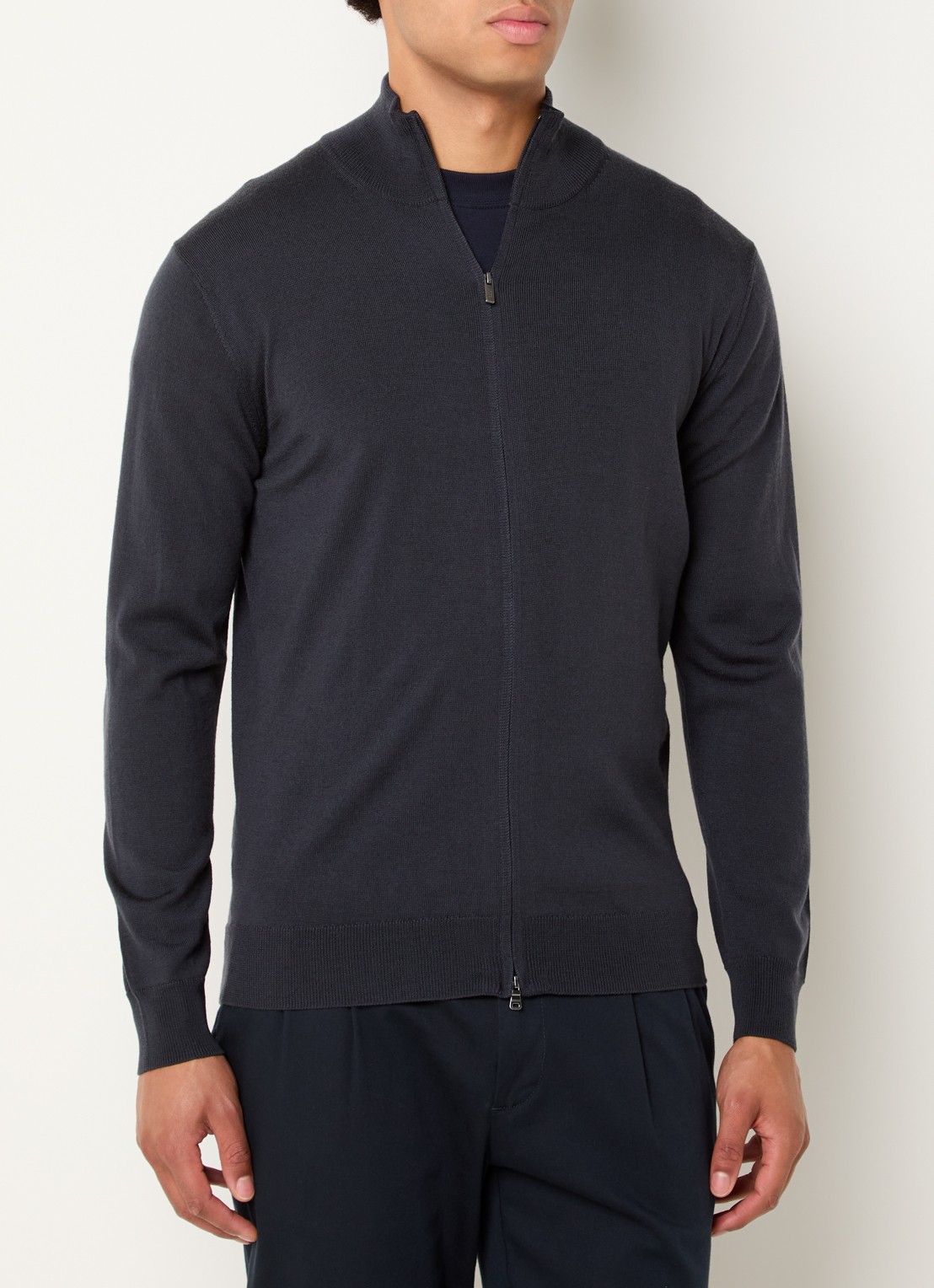 Boggi Milano Fijngebreide pullover van wol met halve rits - detail donkergrijs