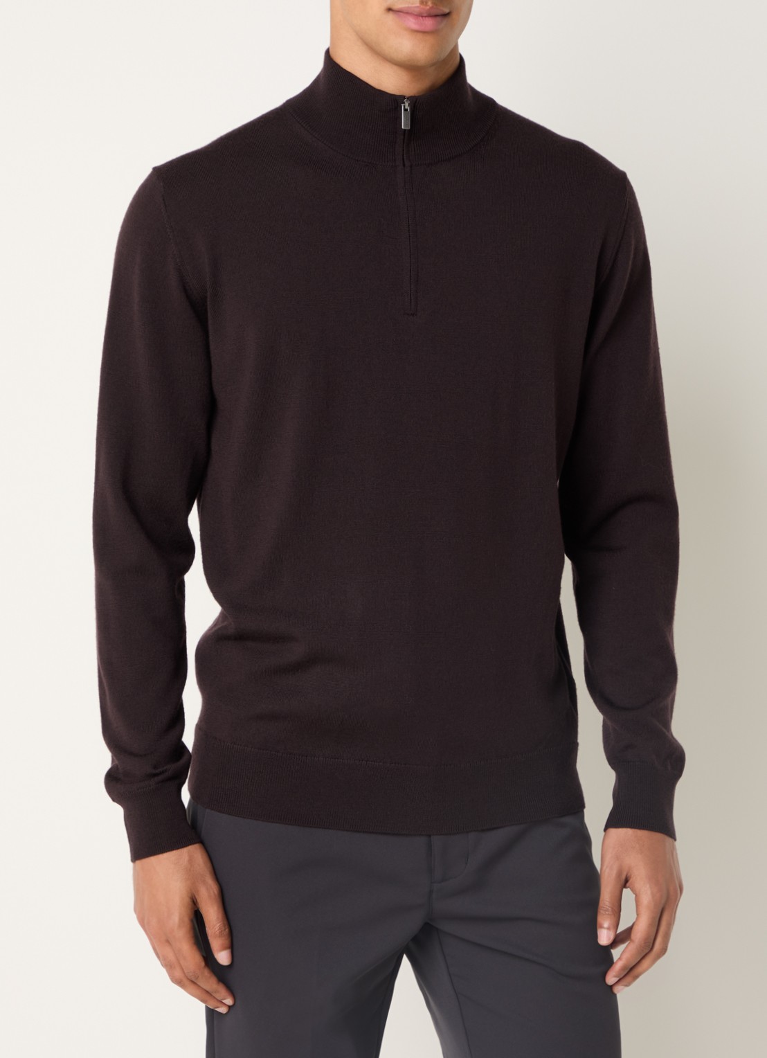 Boggi Milano Fijngebreide pullover van wol met halve rits - detail 4 donkerbruin