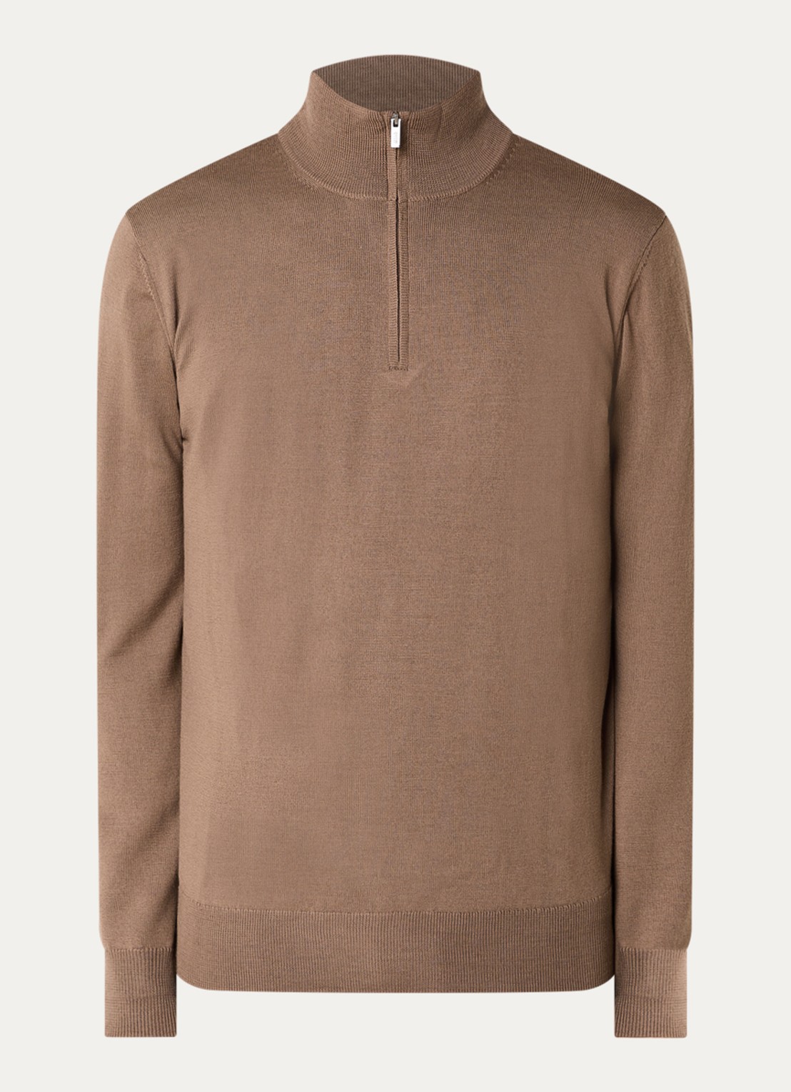Boggi Milano Fijngebreide pullover van wol met halve rits - voorkant 3 lichtbruin