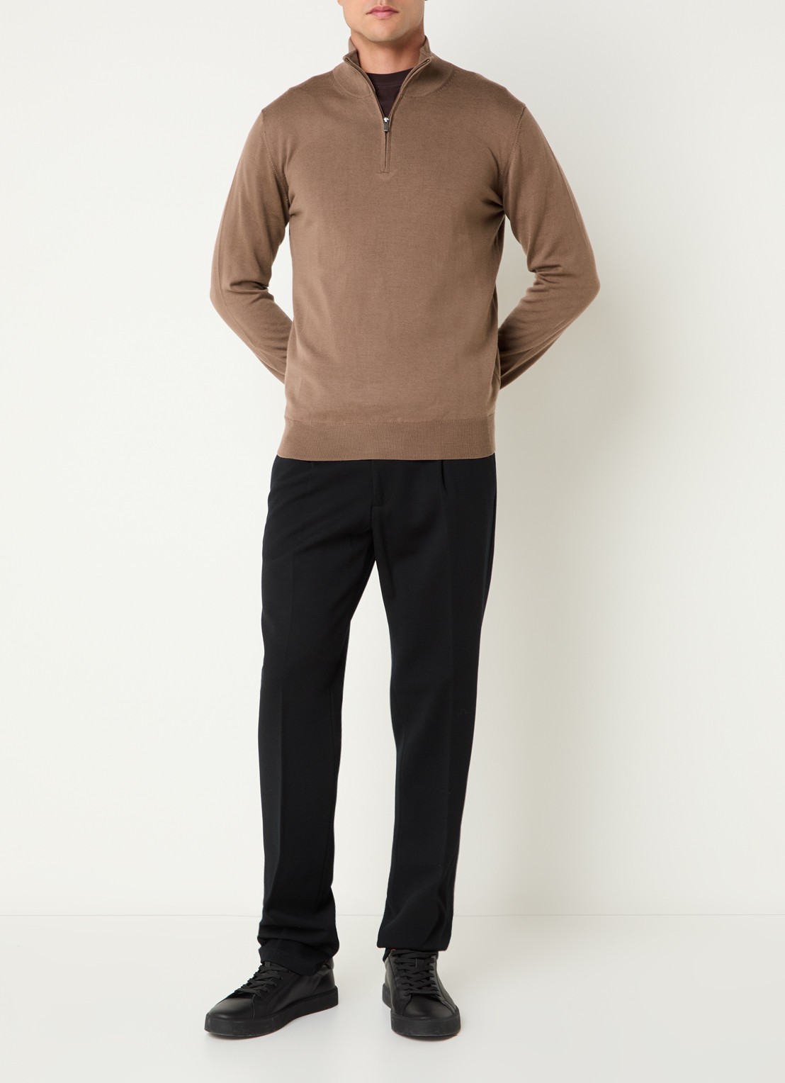 Boggi Milano Fijngebreide pullover van wol met halve rits - voorkant 4 lichtbruin