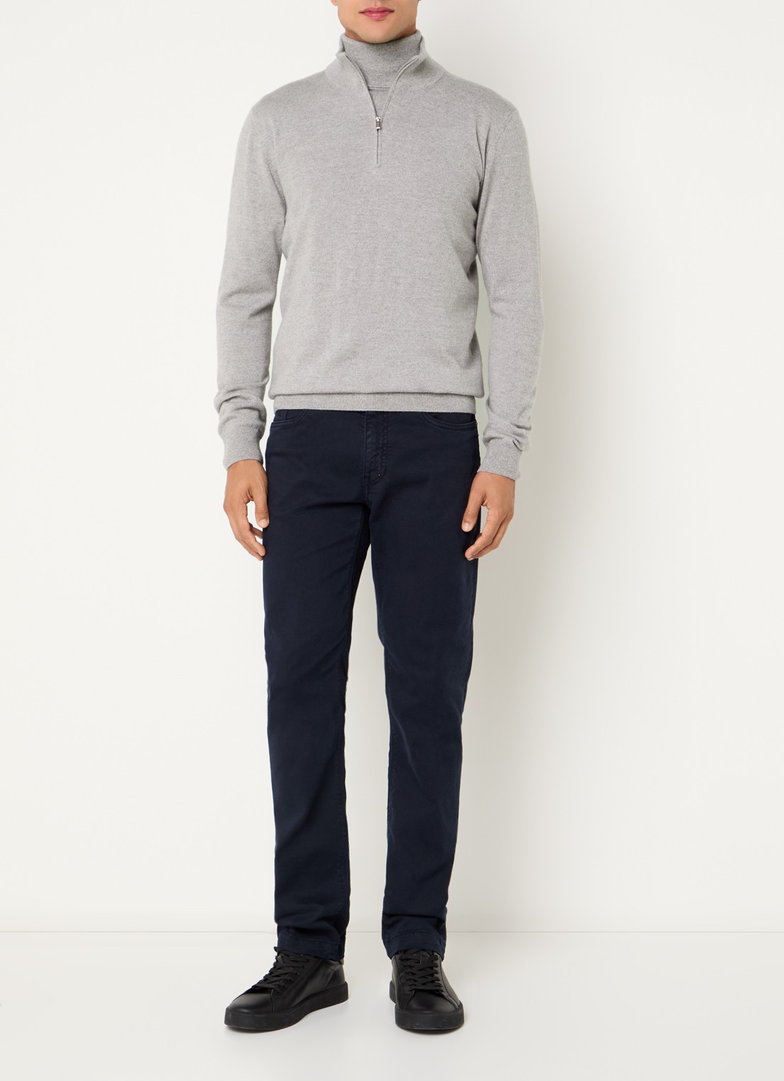 Boggi Milano Fijngebreide pullover van wol met halve rits - voorkant 3 lichtgrijs