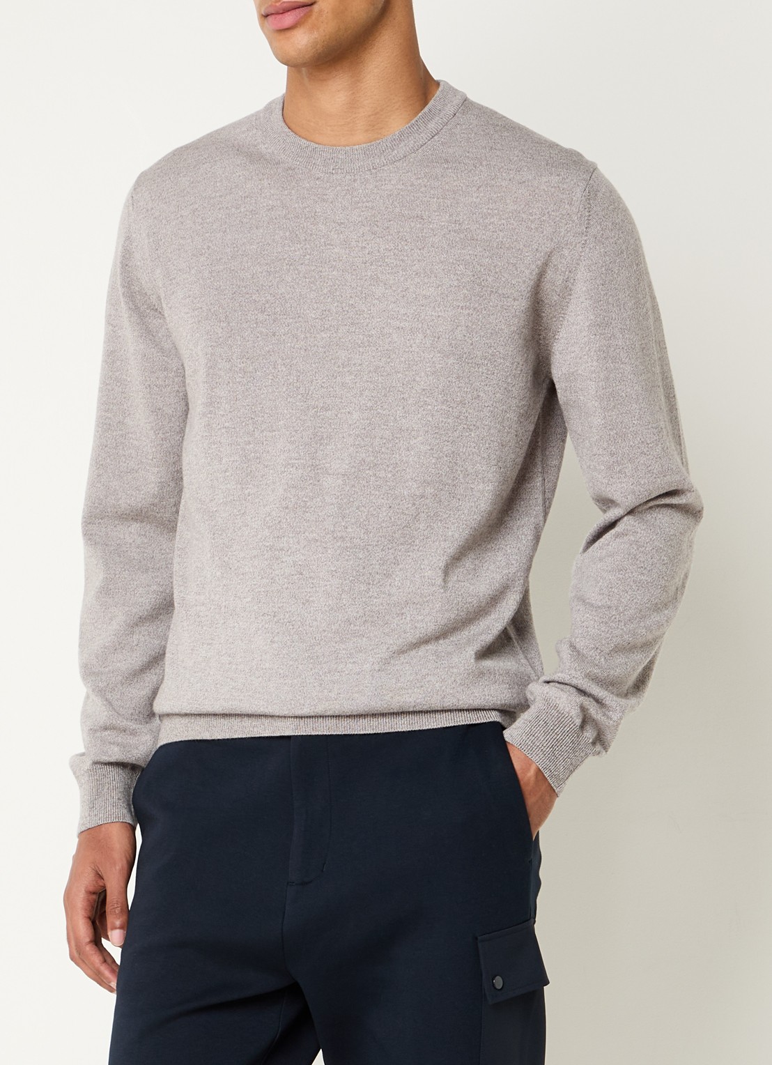 Boggi Milano Fijngebreide pullover van wol met ronde hals - detail lichtgrijs
