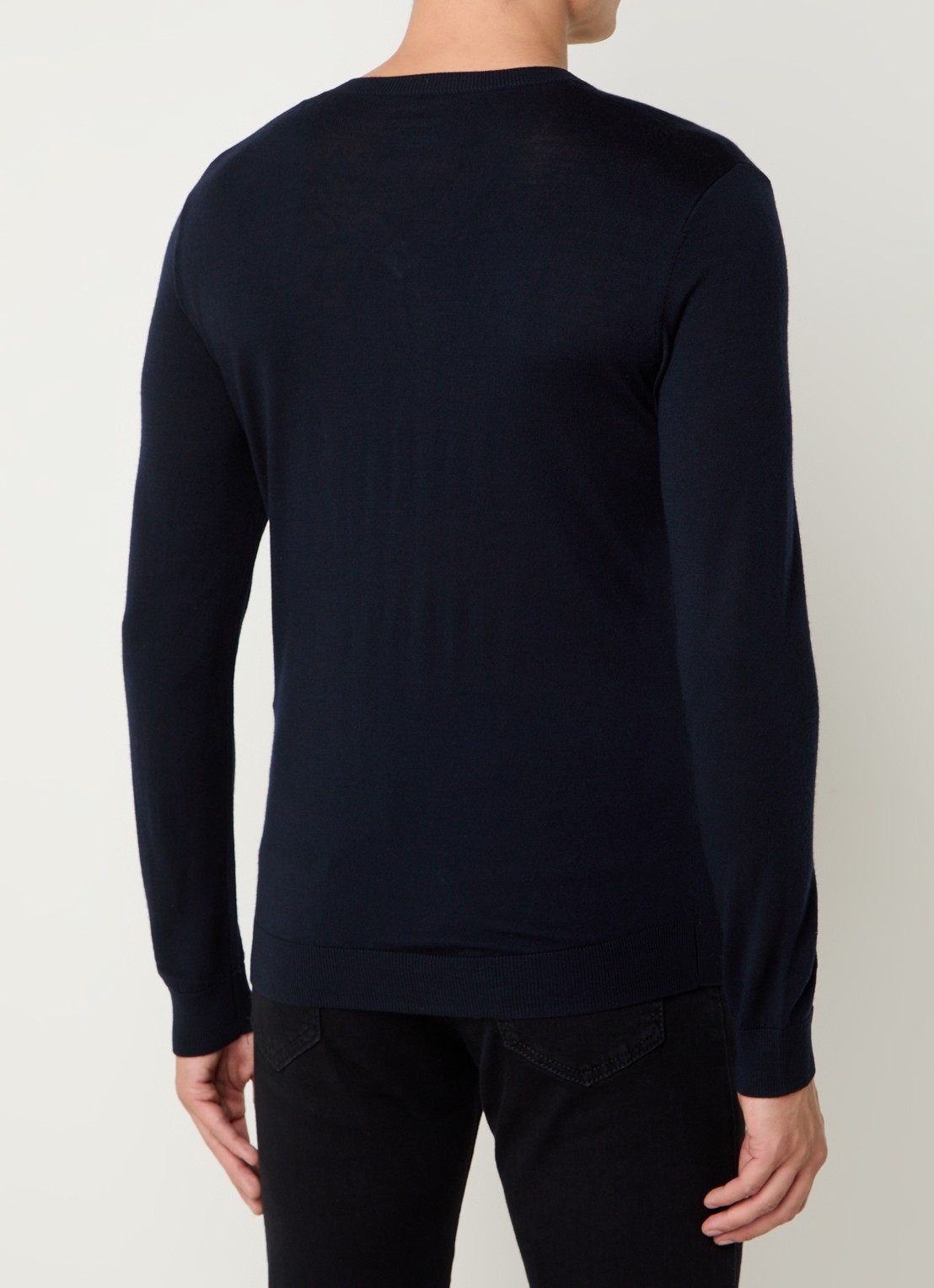 Boggi Milano Fijngebreide pullover van wol met V-hals - achterkant 4 donkerblauw