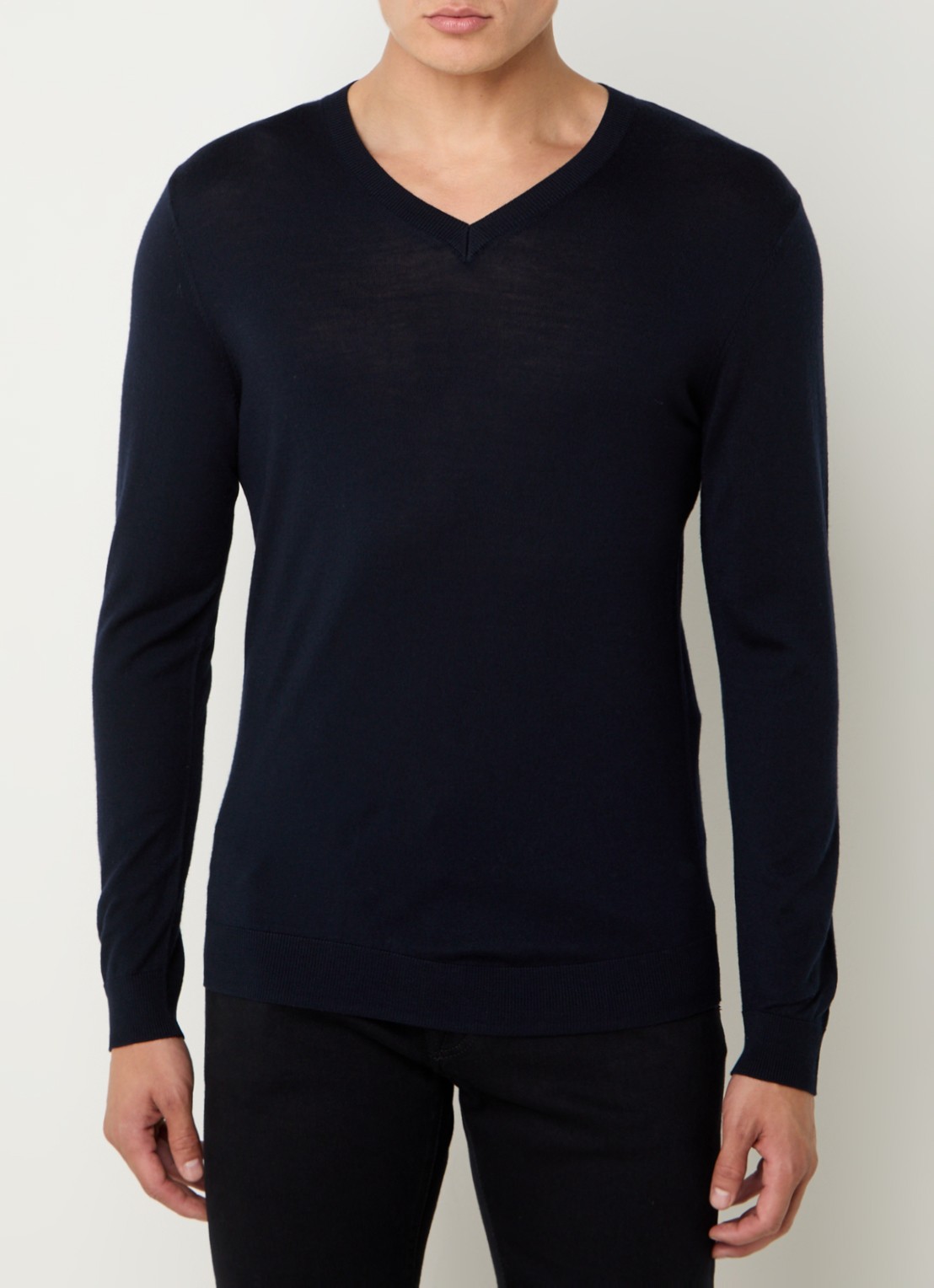 Boggi Milano Fijngebreide pullover van wol met V-hals - detail 3 donkerblauw