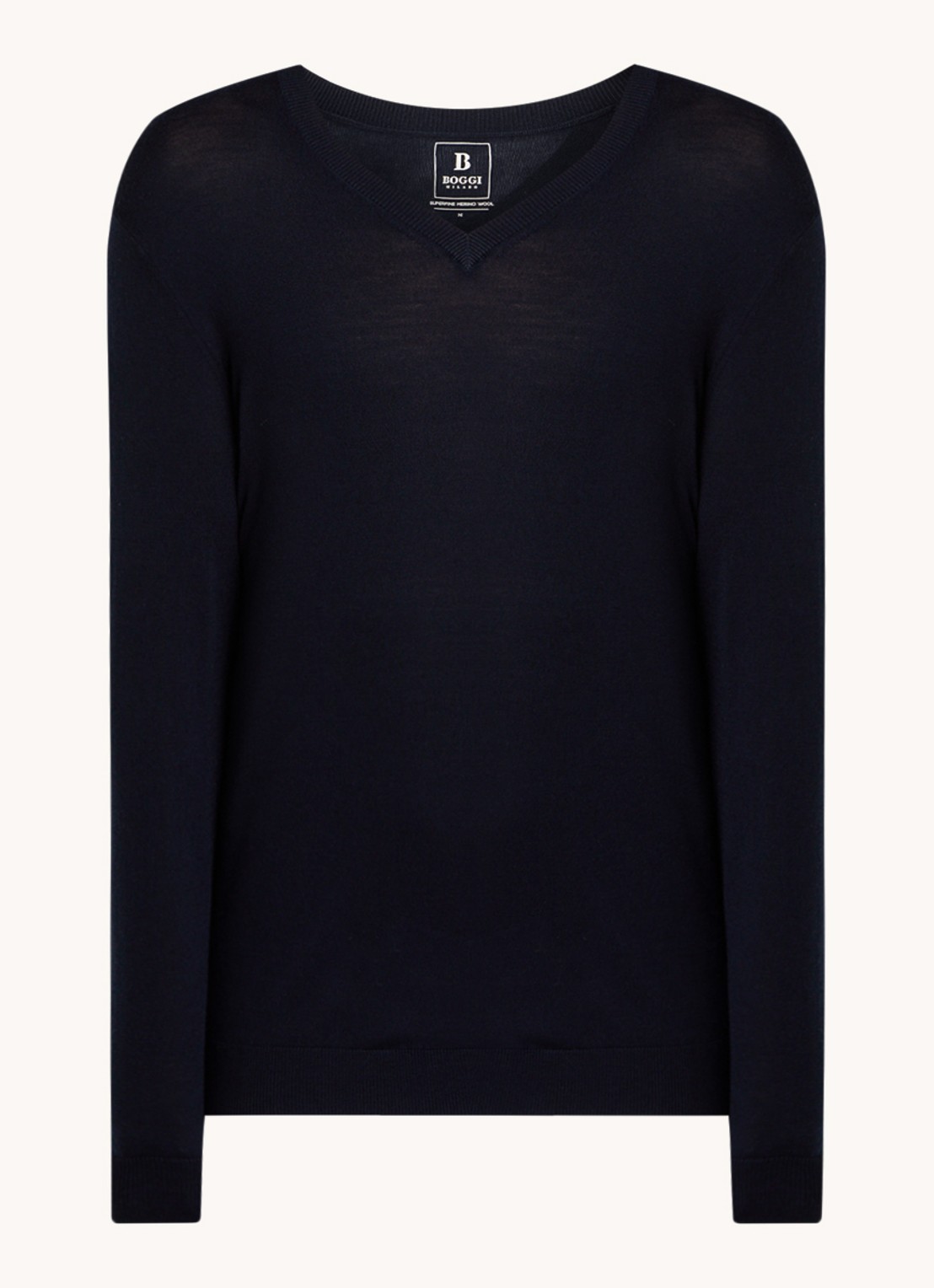 Boggi Milano Fijngebreide pullover van wol met V-hals - voorkant donkerblauw