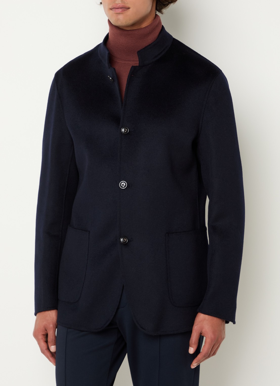 Boggi Milano Mantel van wol met opstaande kraag - detail donkerblauw