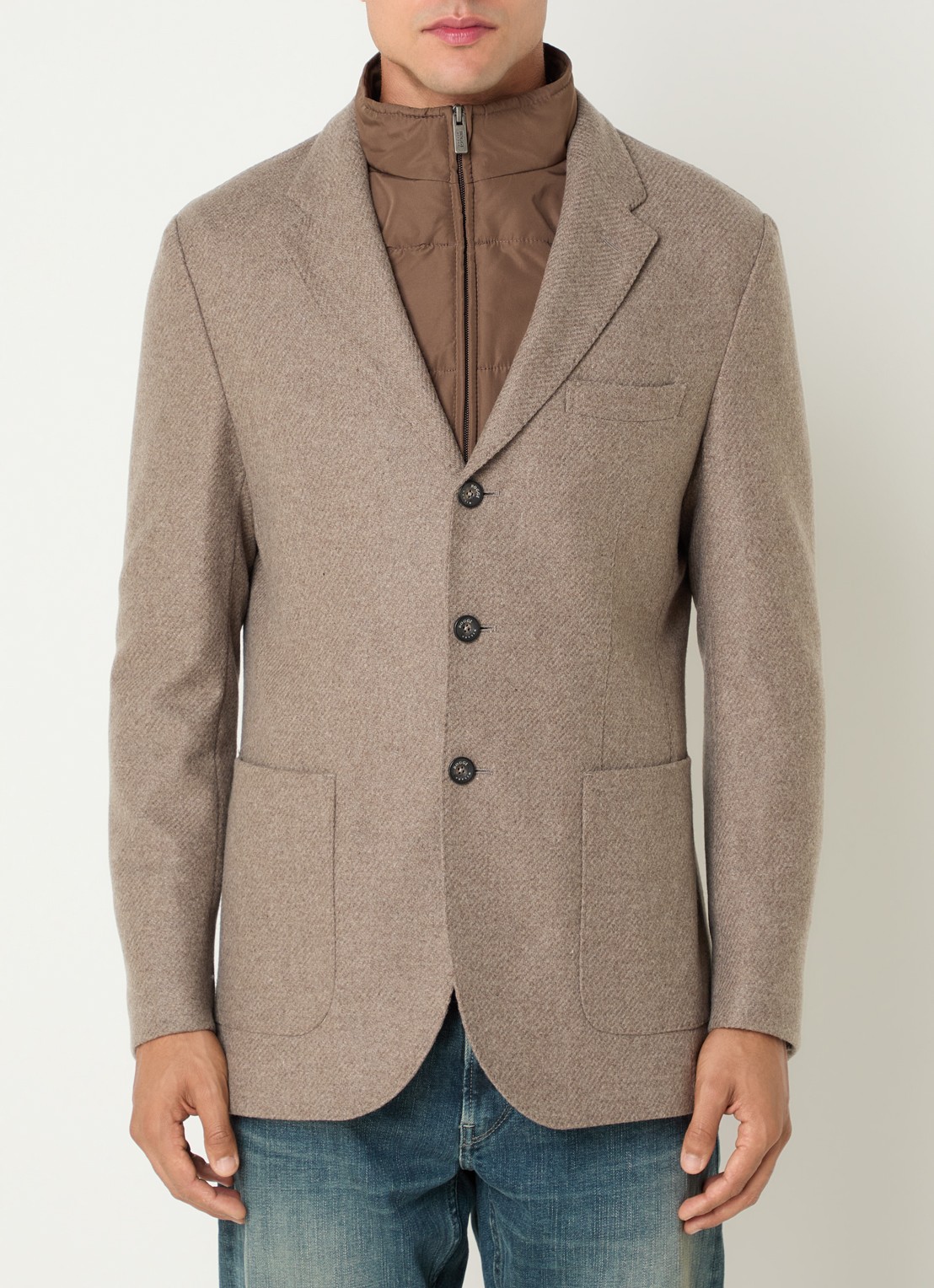 Boggi Milano Regular fit colbert van wol met opgestikte zakken - detail donkerbeige