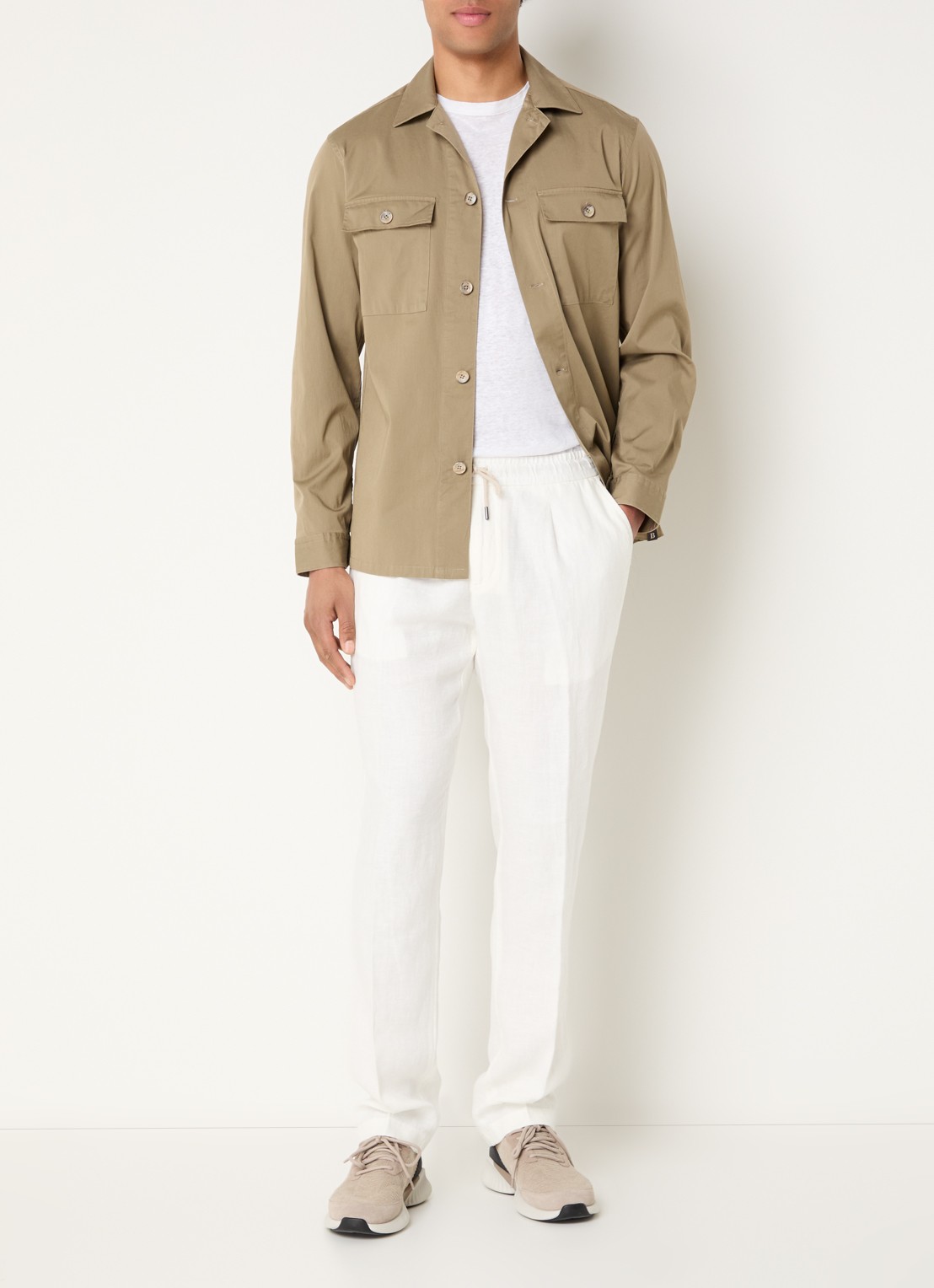 Boggi Milano Regular fit overshirt van linnen met borstzakken - voorkant 2 khaki