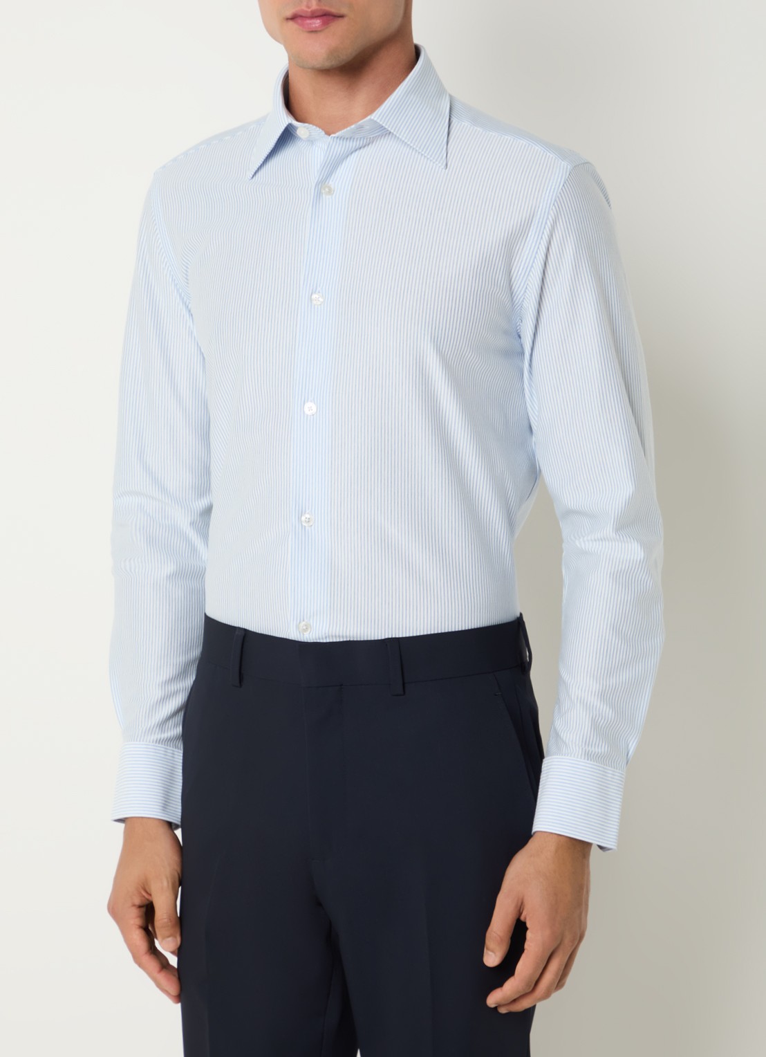 Boggi Milano Regular fit strijkvrij overhemd met kent kraag en streepprint - detail lichtblauw
