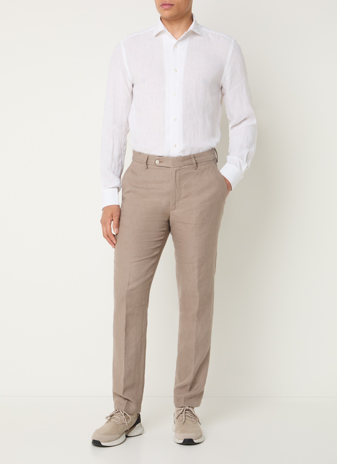 Boggi Milano Straight fit pantalon van linnen met steekzakken - voorkant 3 zand