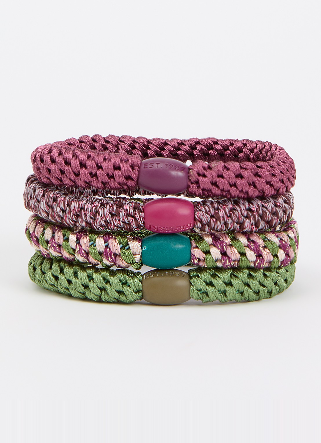 Bon Dep Gevlochten haarelastiekjes met lurex in 4-pack - voorkant 2 aubergine