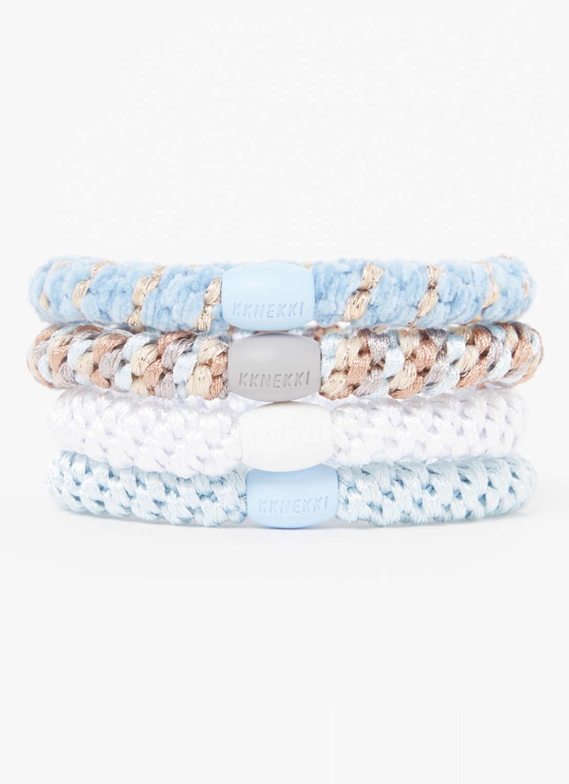 Bon Dep Kknekki Bundle 5 gevlochten haarelastiekjes met lurex in 4-pack - voorkant lichtblauw