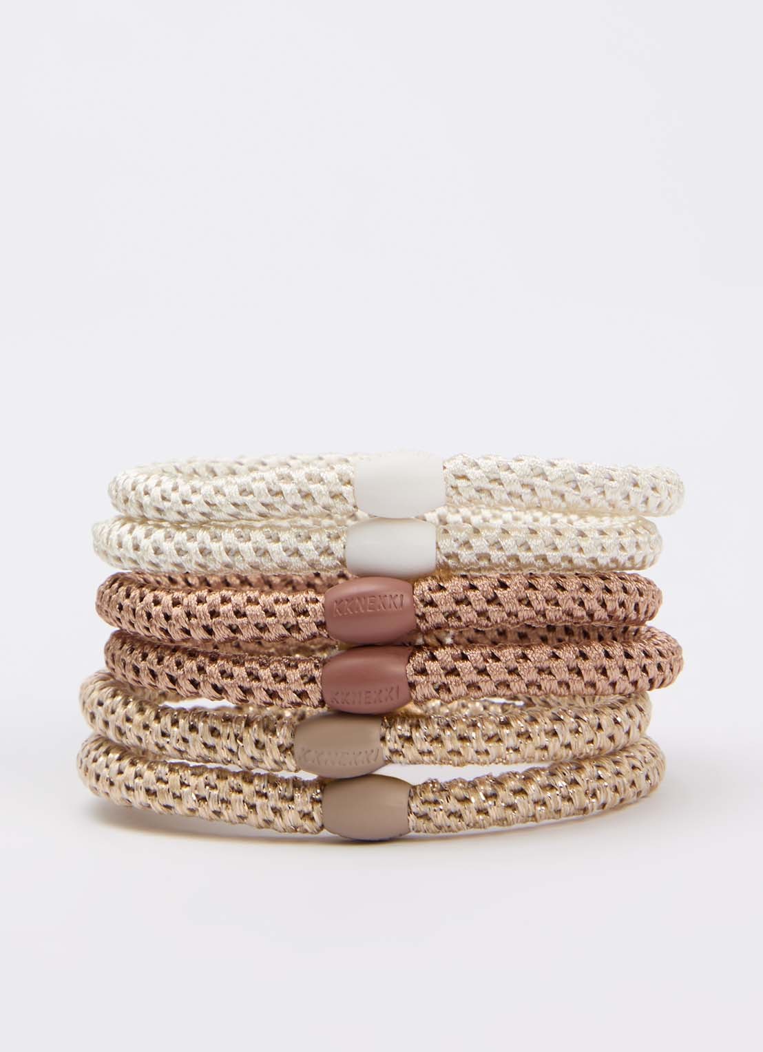Bon Dep Kknekki gevlochten haarelastiekjes met lurex in 6-pack - voorkant 2 beige