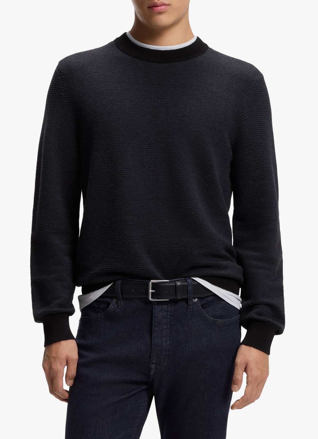 BOSS Aspoki fijngebreide pullover met gemêleerd dessin - detail 3 zwart
