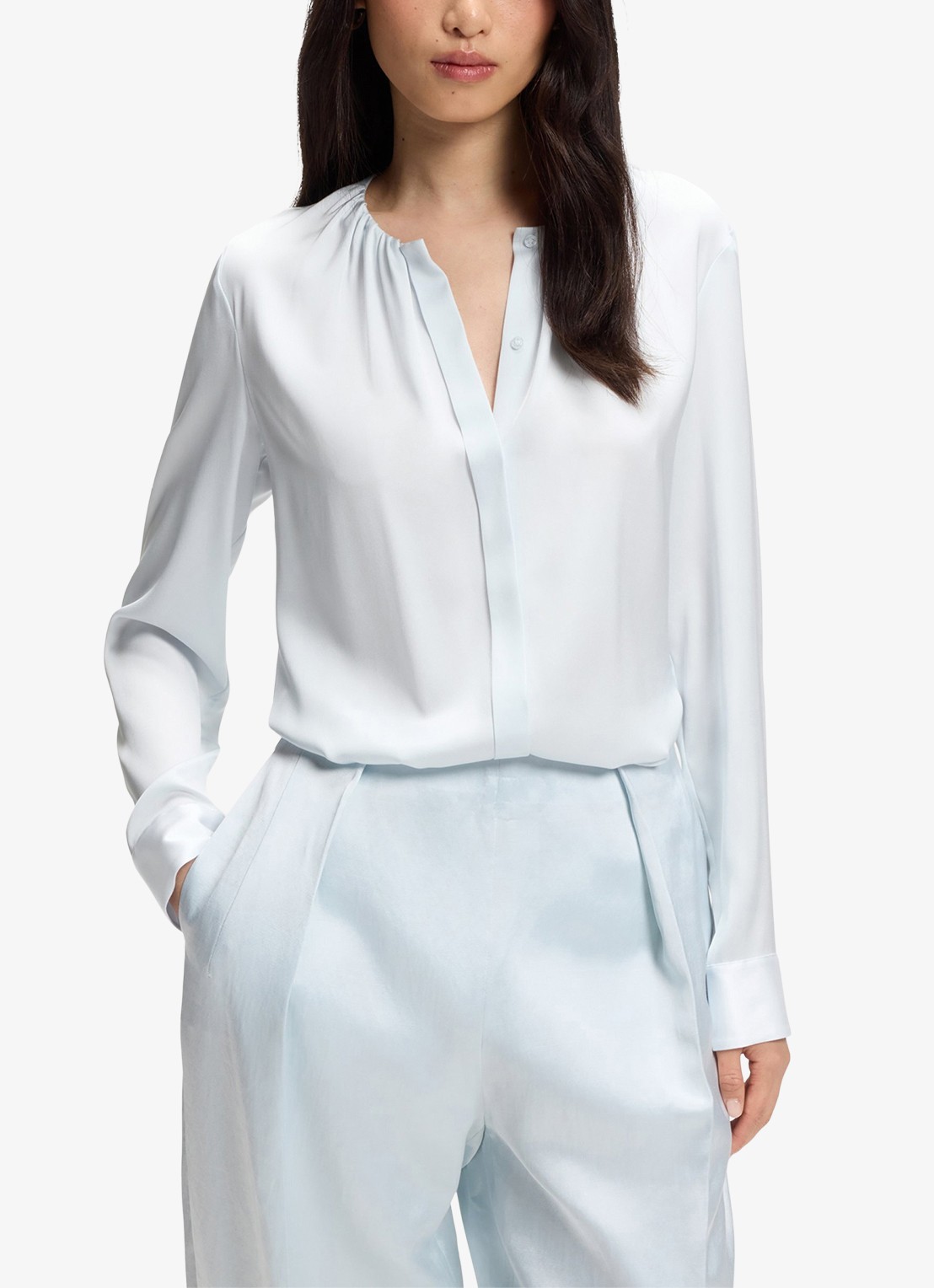 BOSS Banorah blouse in zijdeblend - detail open blue-462 / blauw