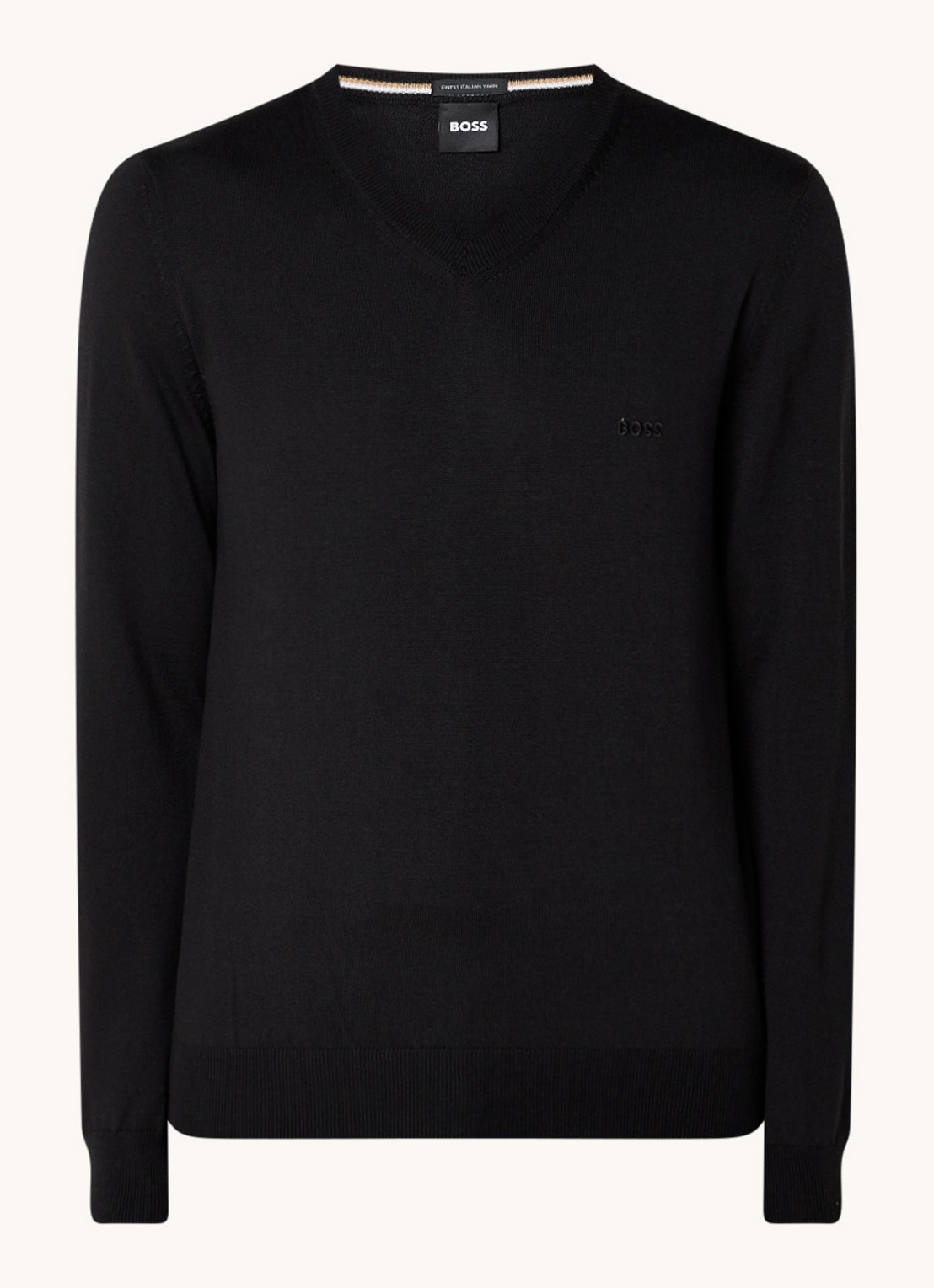 BOSS Baram fijngebreide pullover van scheerwol met V-hals - voorkant 3 zwart