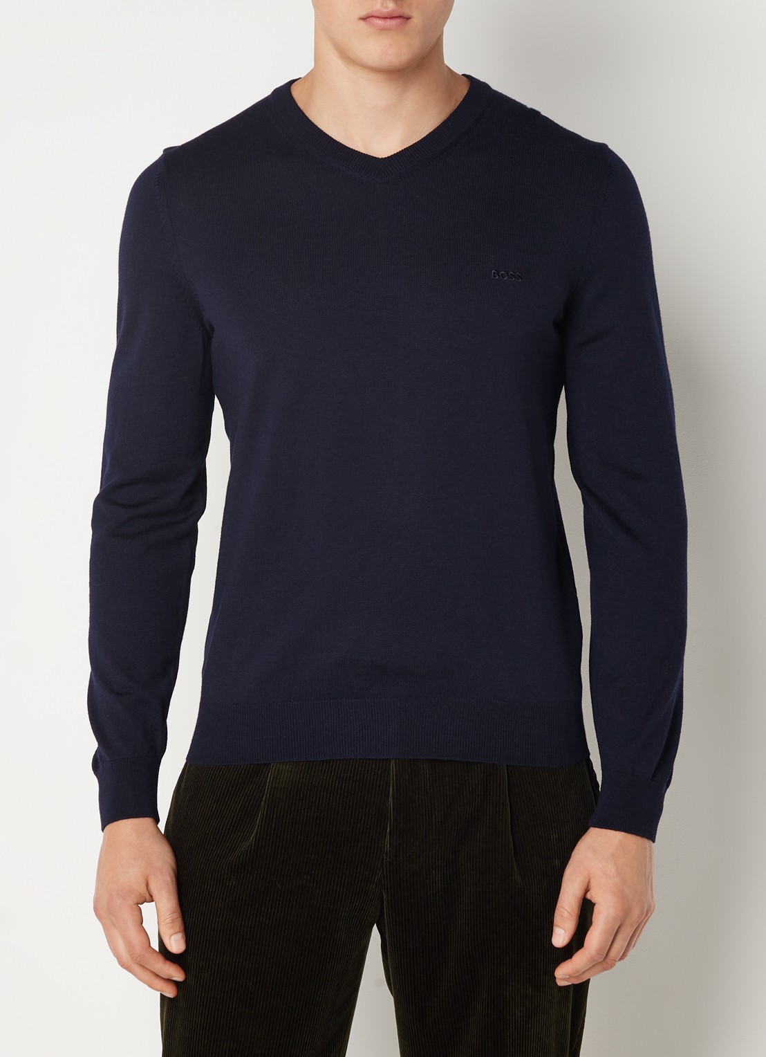 BOSS Baram fijngebreide pullover van scheerwol met V-hals - detail 2 blauw