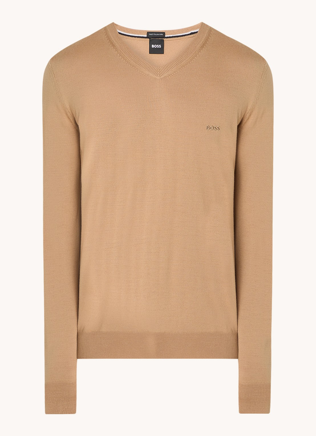 BOSS Baram fijngebreide pullover van scheerwol met V-hals - voorkant 4 camel
