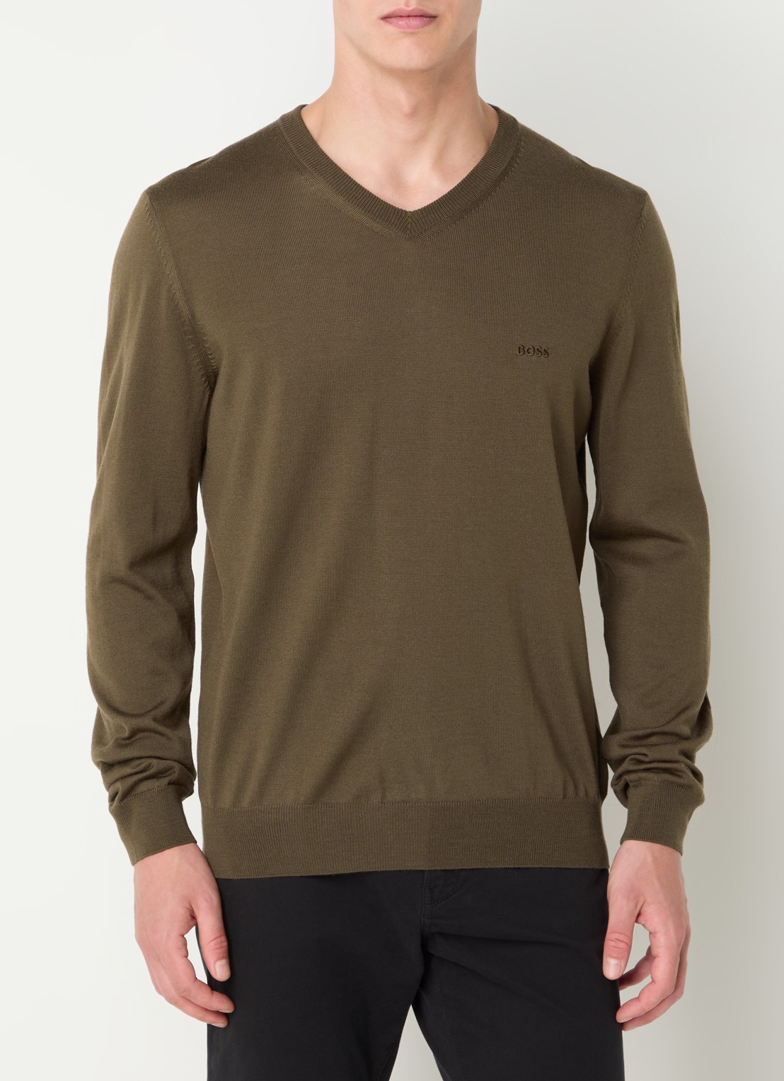 BOSS Baram fijngebreide pullover van scheerwol met V-hals - detail bronsgroen