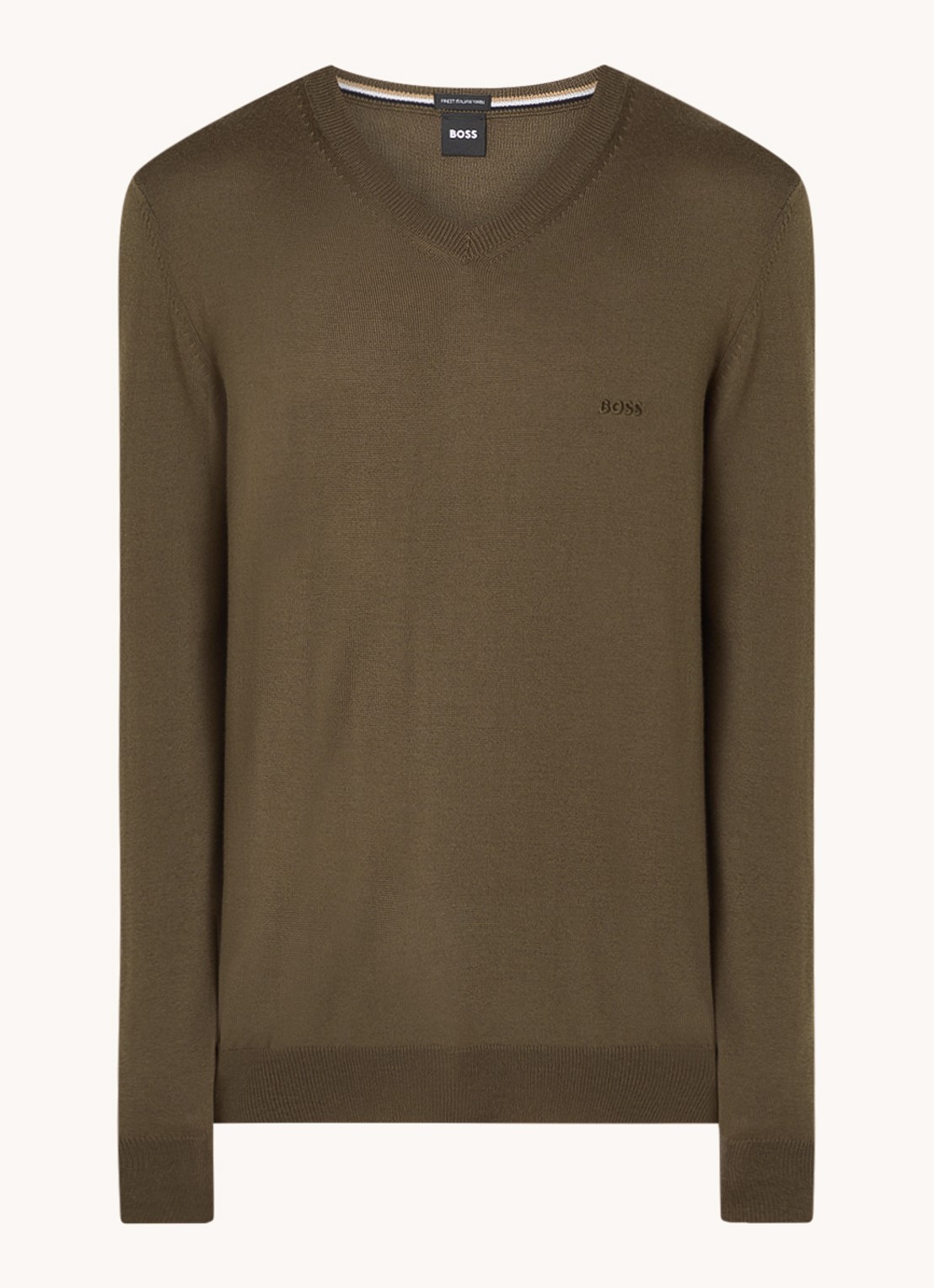 BOSS Baram fijngebreide pullover van scheerwol met V-hals - voorkant 3 bronsgroen