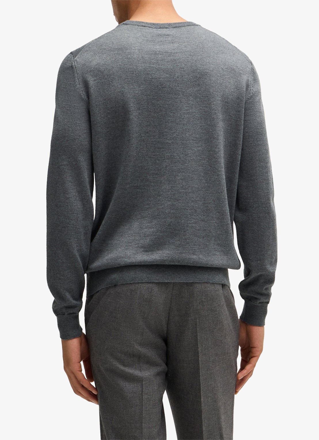 BOSS Baram fijngebreide pullover van scheerwol met V-hals - achterkant middengrijs