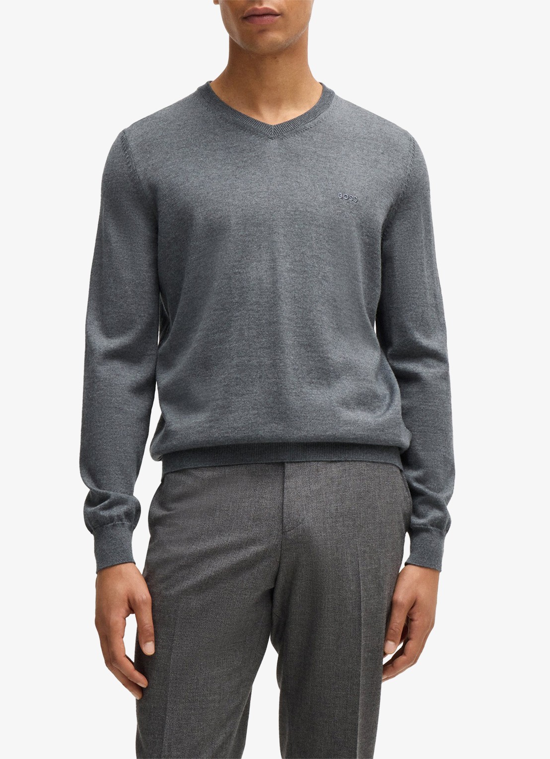BOSS Baram fijngebreide pullover van scheerwol met V-hals - detail 4 middengrijs