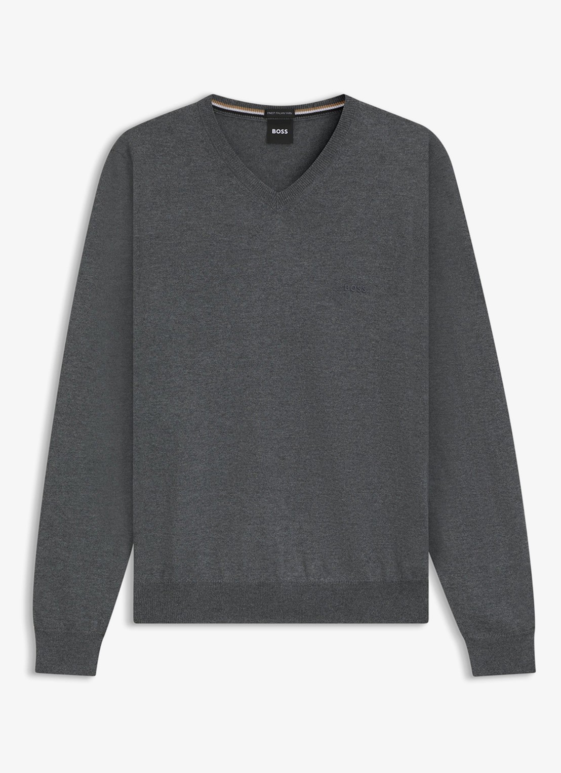 BOSS Baram fijngebreide pullover van scheerwol met V-hals - voorkant 2 middengrijs