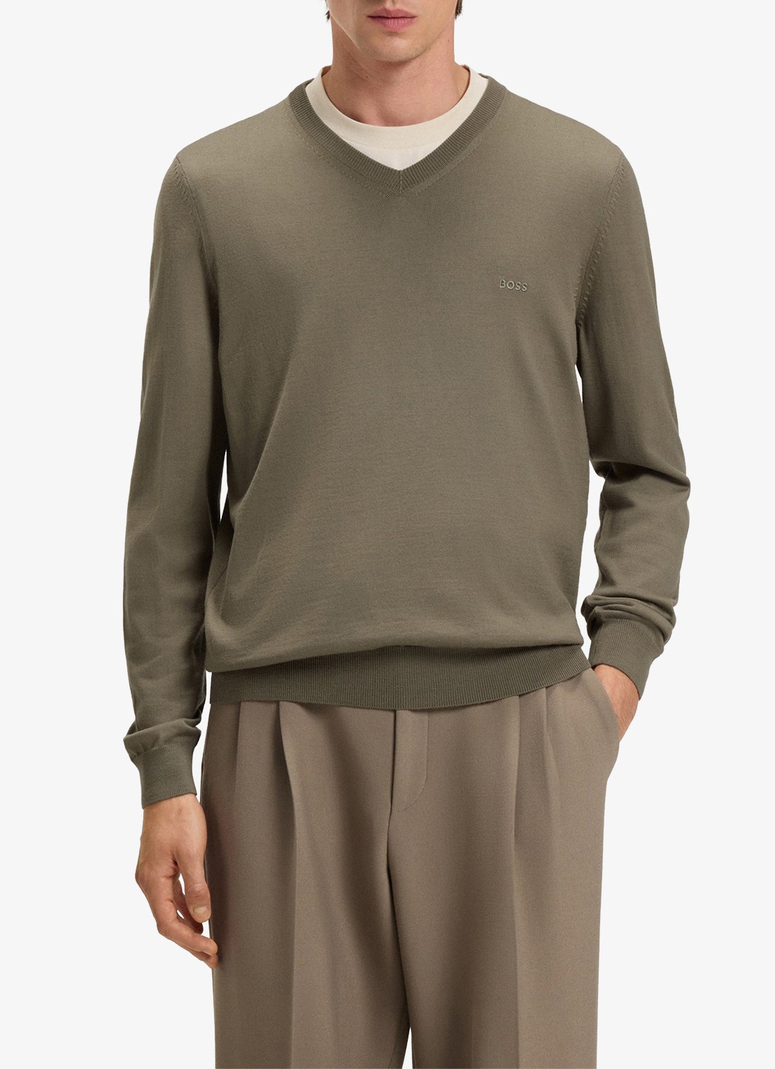 BOSS Baram fijngebreide pullover van scheerwol met V-hals - detail lichtbruin
