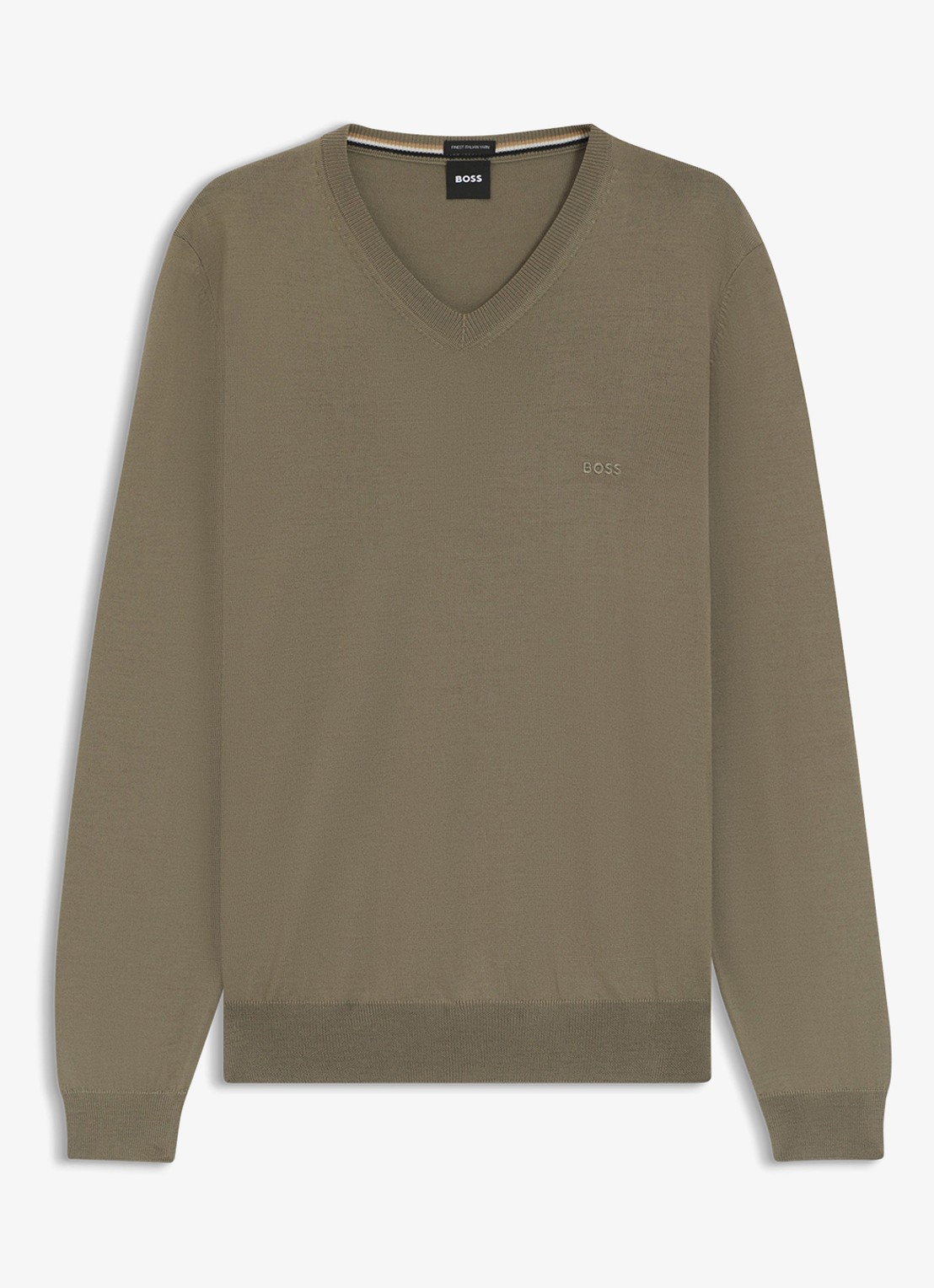 BOSS Baram fijngebreide pullover van scheerwol met V-hals - voorkant 3 lichtbruin