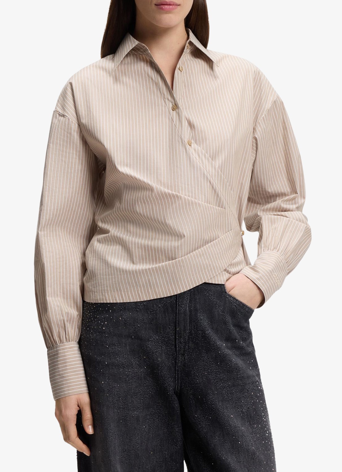 BOSS Blouse met streepprint - detail 4 beige