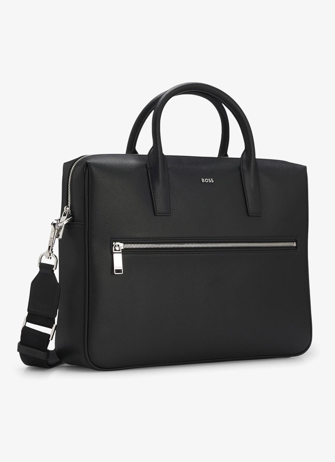 BOSS Businesstas van leer met afneembare schouderriem en logo - detail 2 zwart
