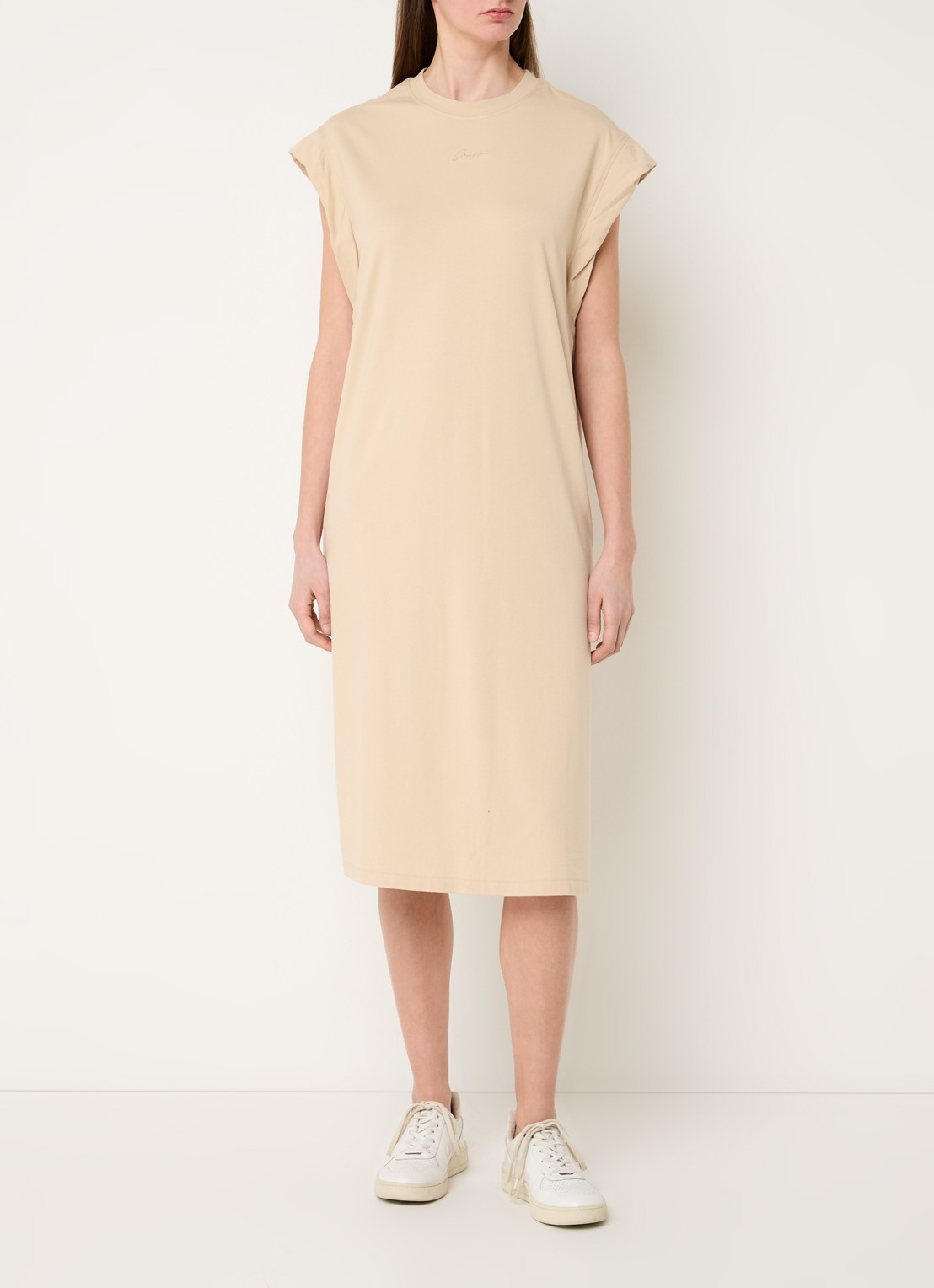 BOSS C_Edress_5 midi T-shirt jurk met split  - detail open beige-287 / beige