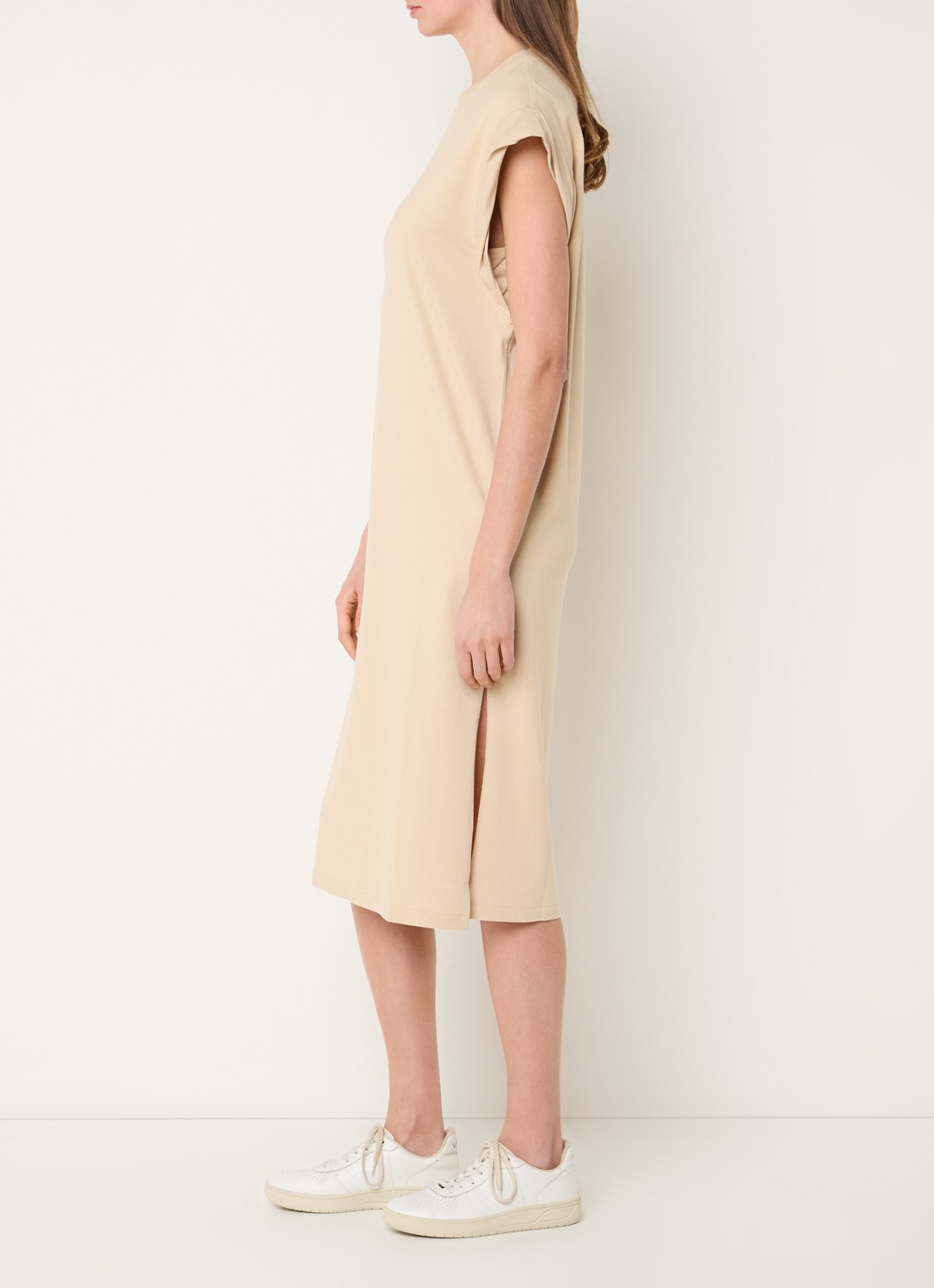 BOSS C_Edress_5 midi T-shirt jurk met split  - voorkant 3 open beige-287 / beige