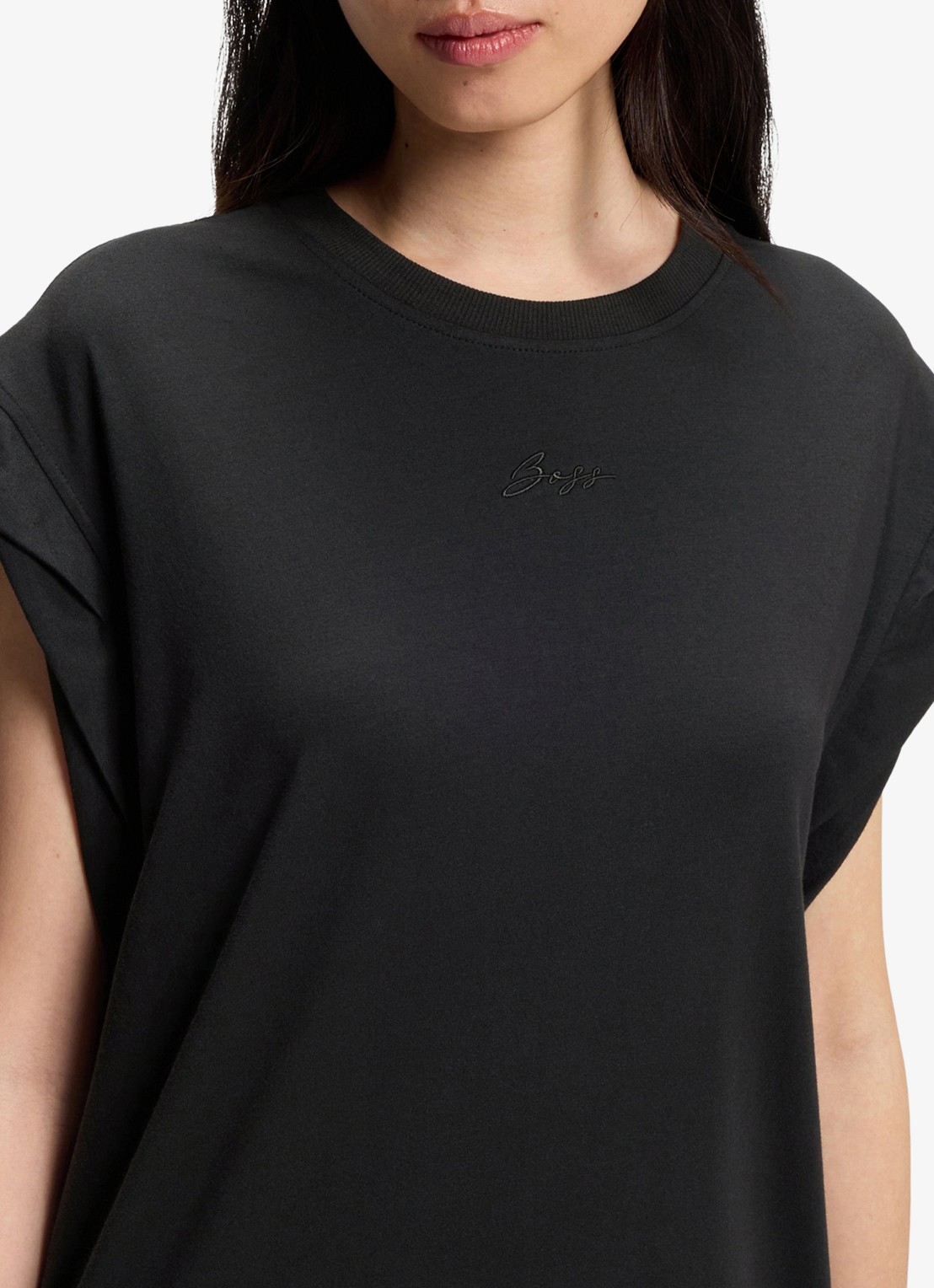 BOSS C_Edress_5 midi T-shirt jurk met split  - detail 2 black-001 / zwart
